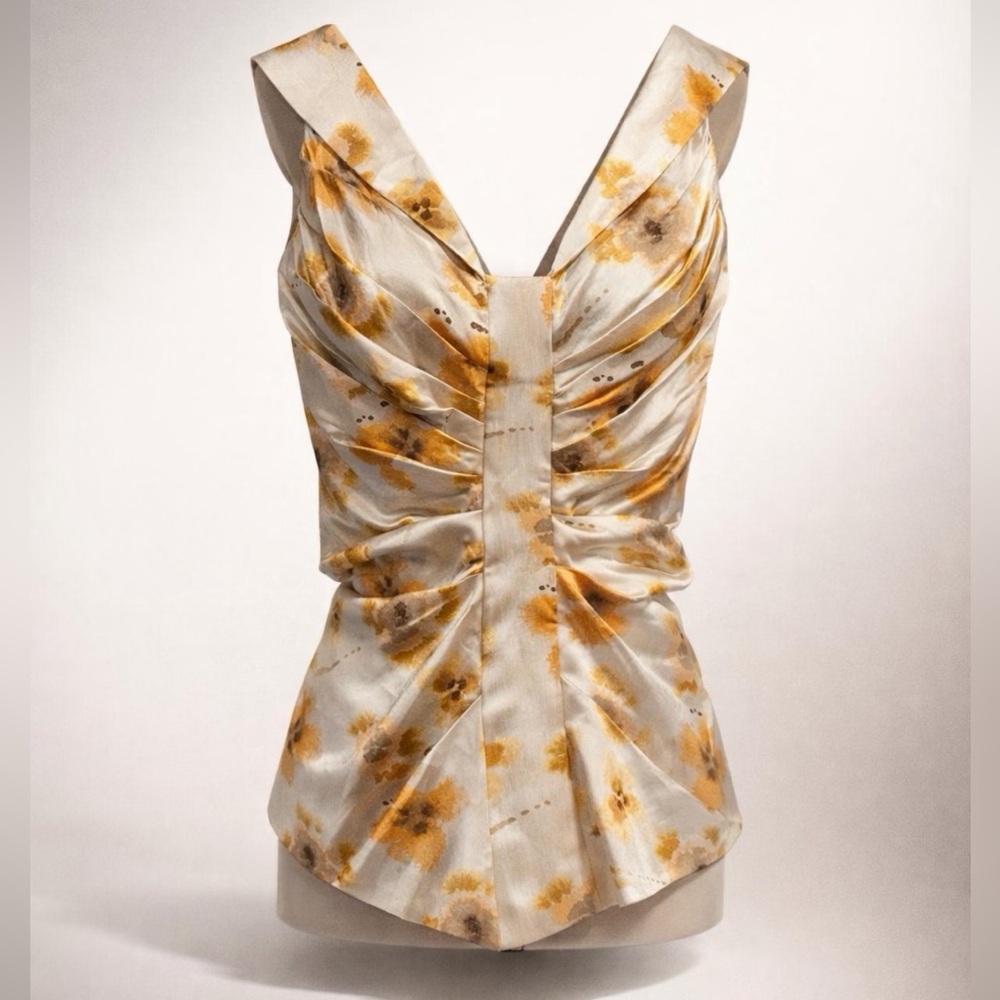 Dior VTG Galliano 2000s silk ruched top, gold/orange/cream floral, 36,EUC